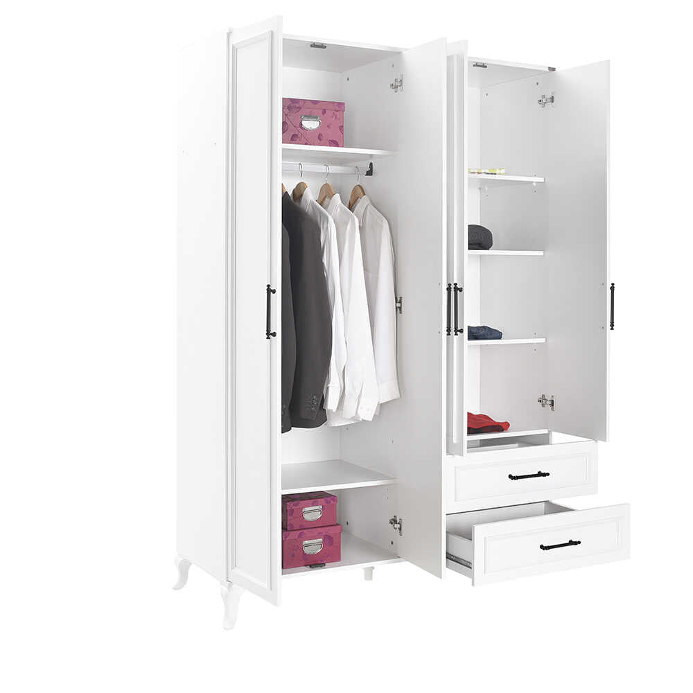 Dulap Haine GRD-1042-DD-3 Home Collection® Country, 4 usi cu 2 sertare, Alb, 137x199x51 cm