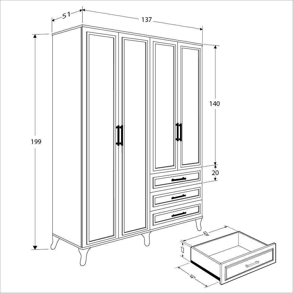 Dulap Haine GRD-1042-DD-3 Home Collection® Country, 4 usi cu 2 sertare, Alb, 137x199x51 cm