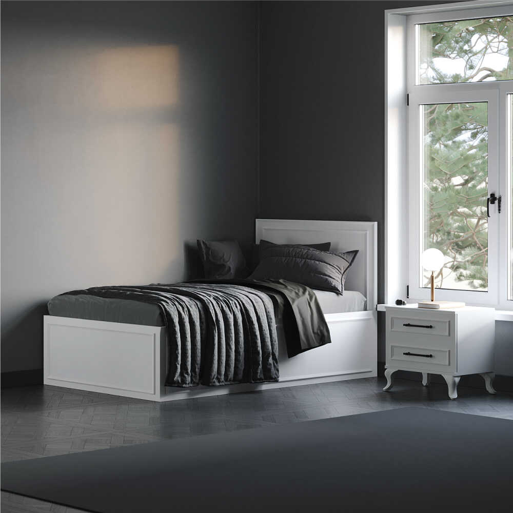 Pat de o persoana KRB-1010-DD-2 Home Collection® Country cu loc de depozitare, Alb, 105x105x205 cm