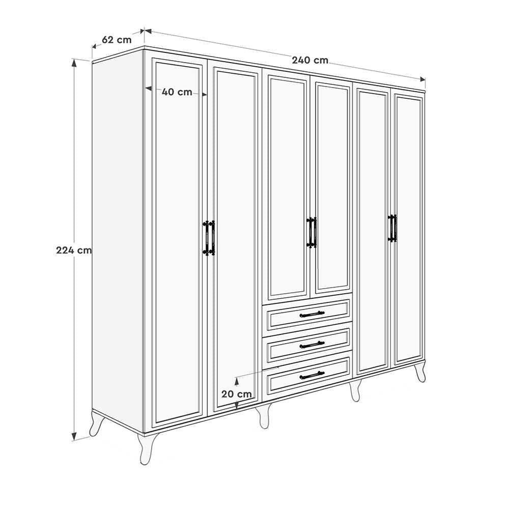 Dulap Haine GRD-1063-DD-5 Home Collection® Country, 6 usi cu 3 sertare, Alb, 240x224x62 cm