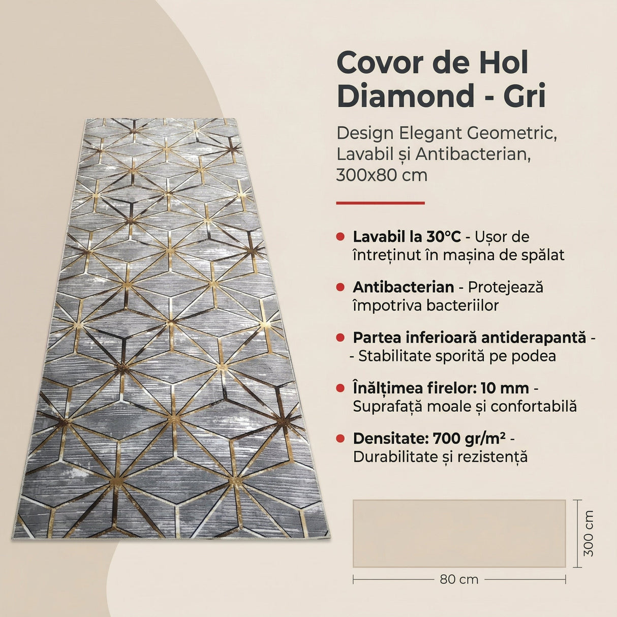 Covor de Hol Diamond, Lavabil, Antibacterian, Antiderapant, Gri, 300x80 cm