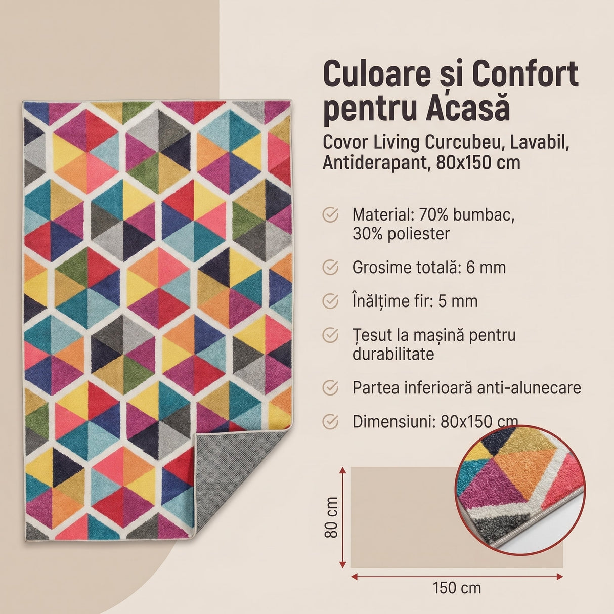 Covor Living - Hol Curcubeu, Lavabil, Antiderapant, Multicolor, 80x150 cm