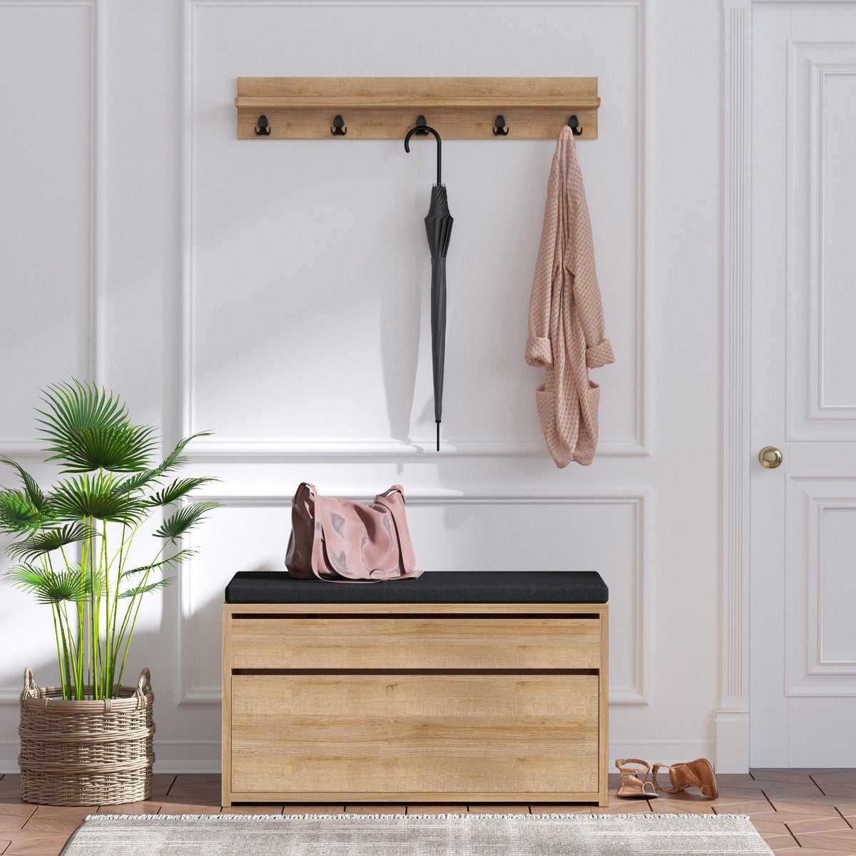 Cuier Boby cu bancuta pantofar, Stejar, 80 x 42 x 35 cm