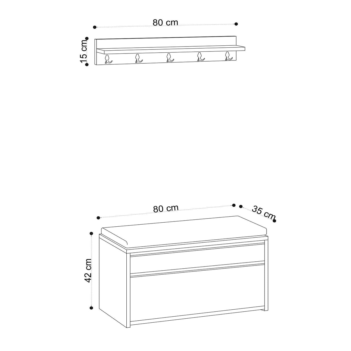 Cuier Boby cu bancuta pantofar, Stejar, 80x42x35 cm