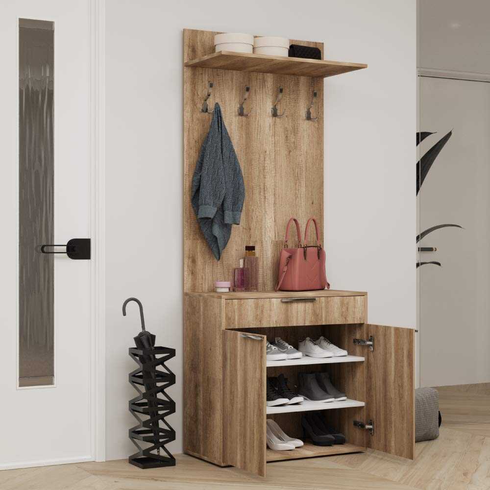 Cuier cu Pantofar PRT-521-BB-1 Home Collection® Porto Aero, cu Sertar, Alb - Natur, 73x187x36 cm - Natur | SKU: PRT-521-TT-1