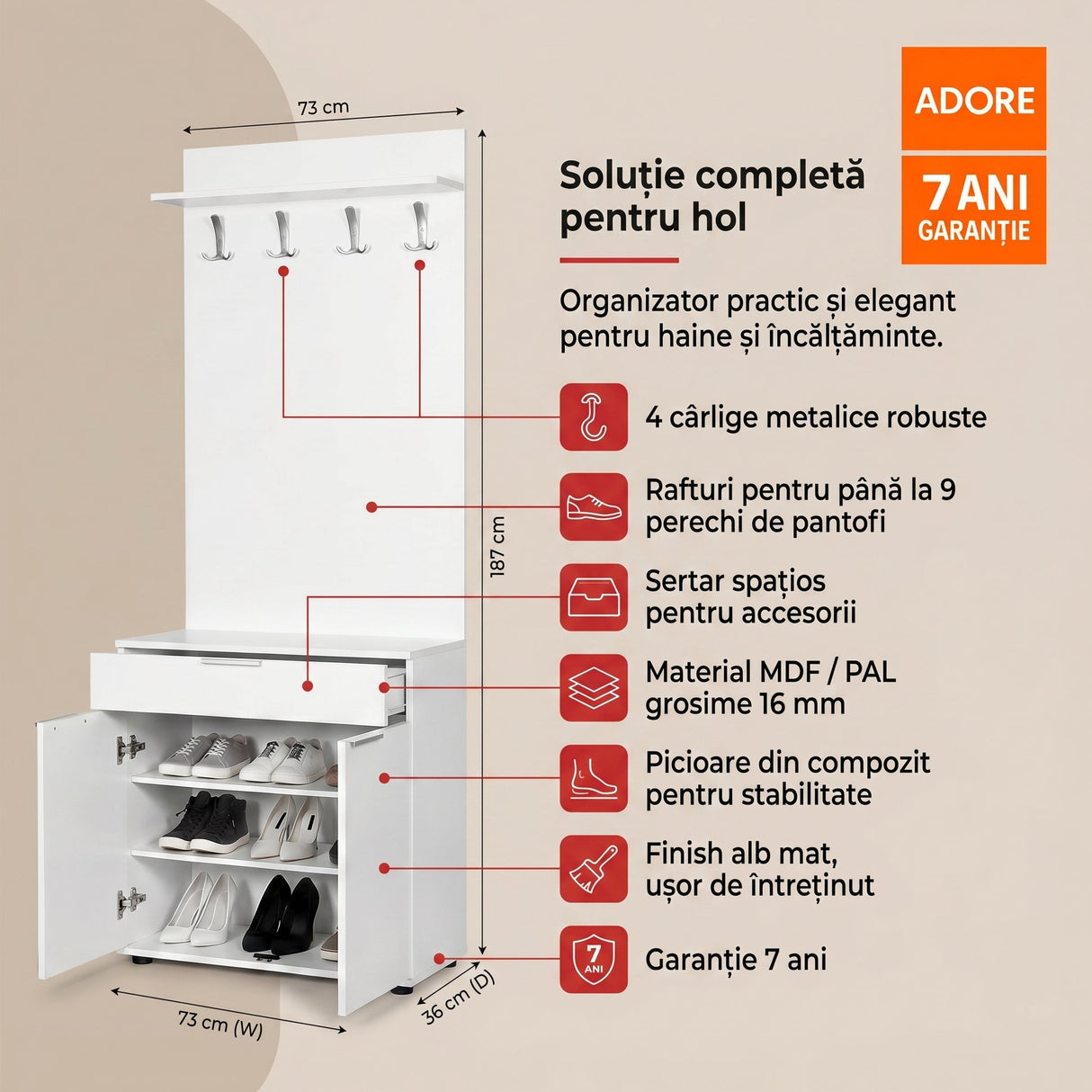 Cuier cu Pantofar PRT-521-BB-1 Home Collection® Porto Aero, cu Sertar, Alb - Natur, 73x187x36 cm - Alb | SKU: PRT-521-BB-1, PRT-521-TT-1