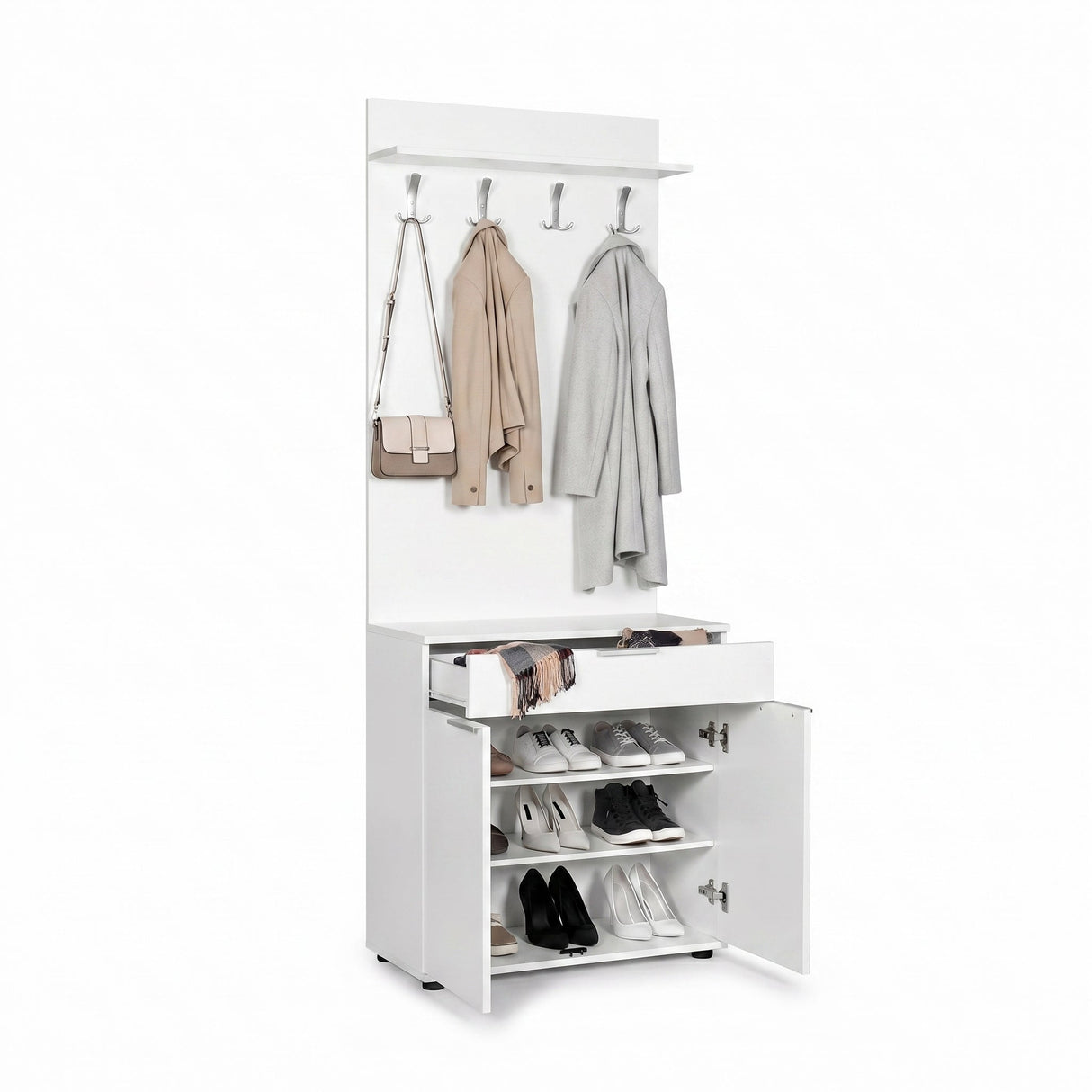 Cuier cu Pantofar PRT-521-BB-1 Home Collection® Porto Aero, cu Sertar, Alb - Natur, 73x187x36 cm - Alb | SKU: PRT-521-BB-1, PRT-521-TT-1