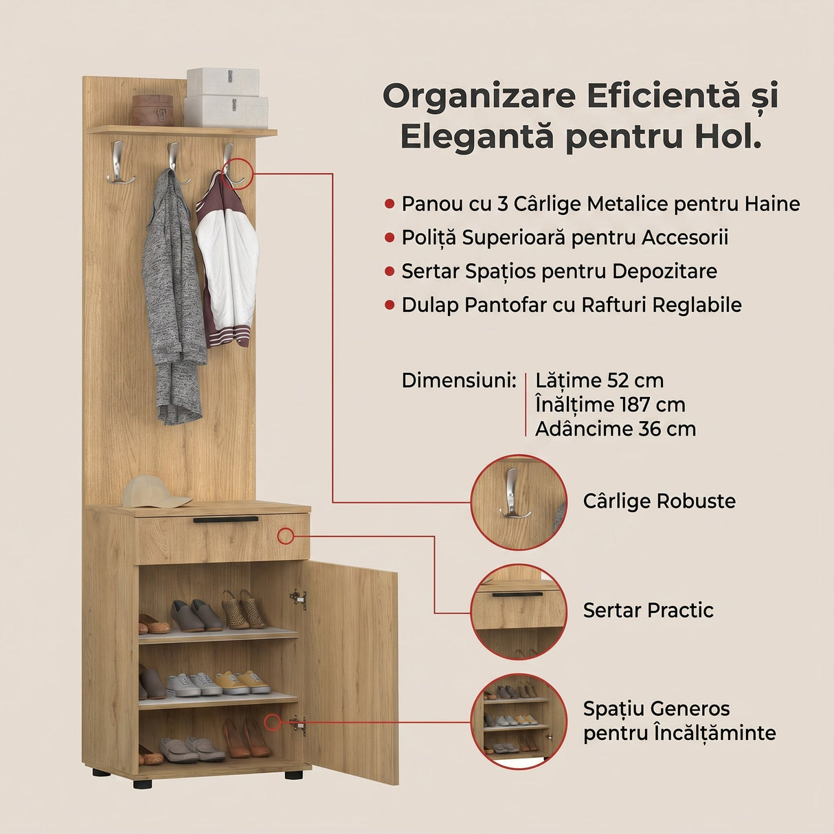 Cuier cu Pantofar PRT-511-BB-1 Home Collection® Porto Aero cu usa si sertar, Alb - Stejar, 52x187x36 cm - Stejar | SKU: PRT-511-FF-1