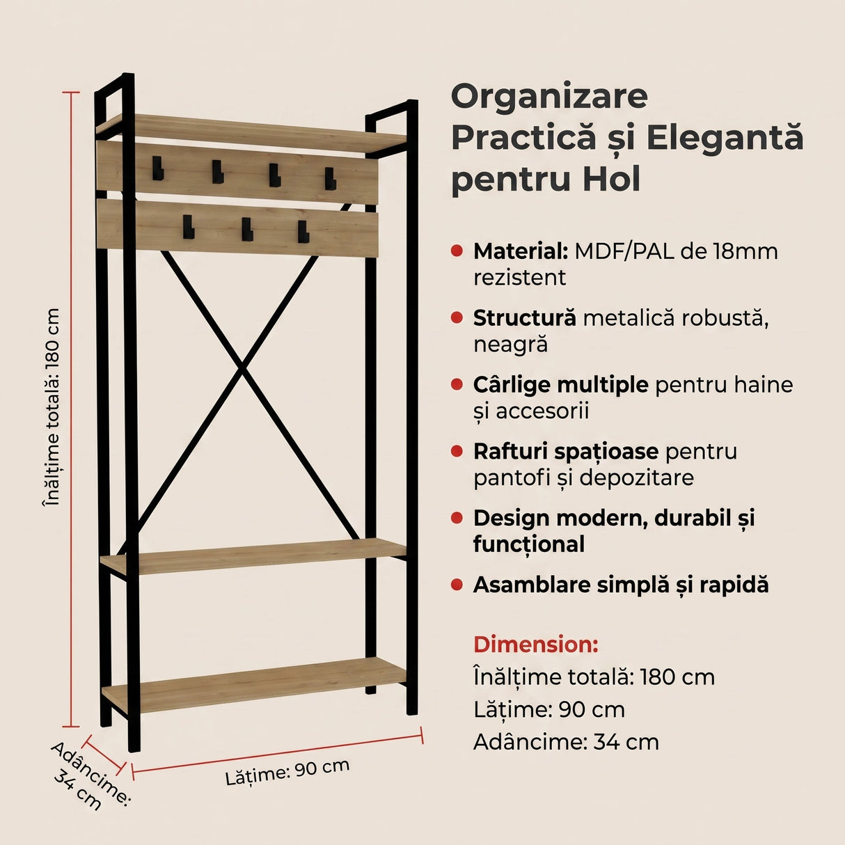 Cuier cu pantofar Alfa, Stejar, 90x180x34 cm