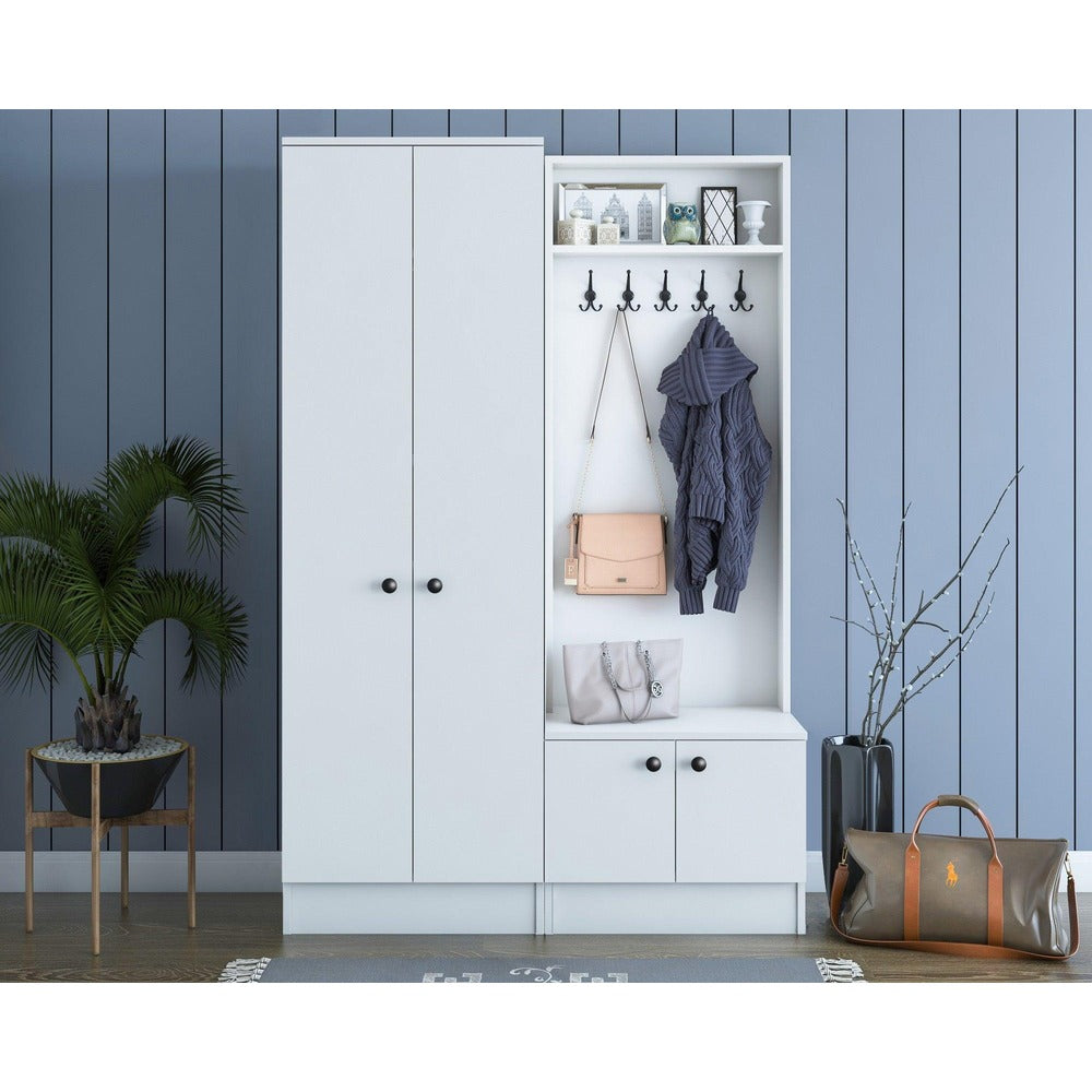Cuier cu pantofar Zizou cu 4 usi, Alb - Nuc, 120x183x38 cm