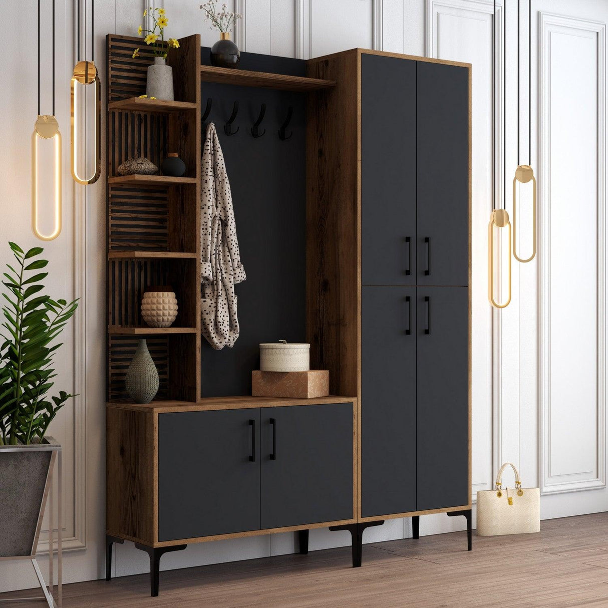 Cuier cu pantofar Casamob Hall Stand, Nuc, 60x35x200 cm - Antracit