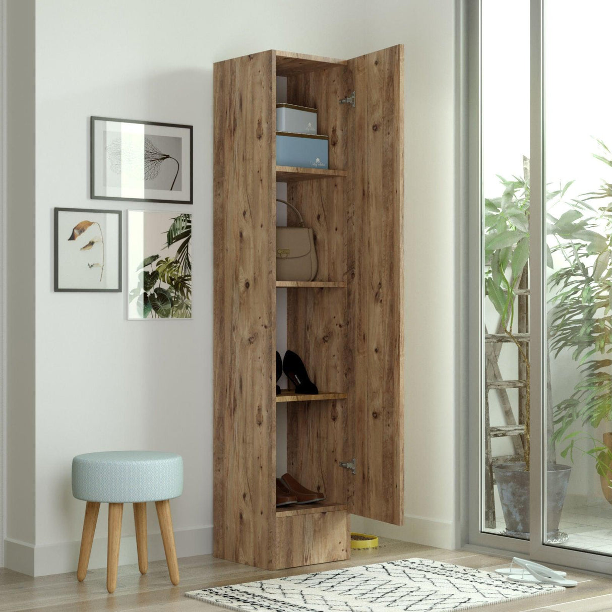 Cuier cu pantofar cu Oglinda Sloth, Stejar, 180x36x36 cm