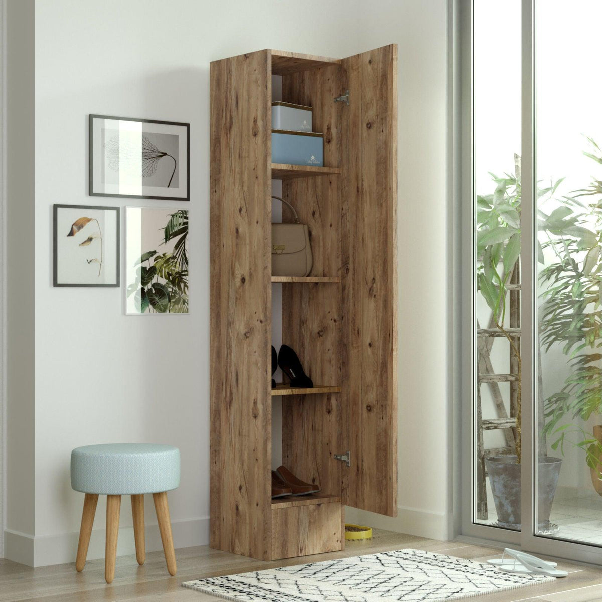 Cuier cu pantofar cu Oglinda Sloth, Stejar, 180 x 36 x 36 cm
