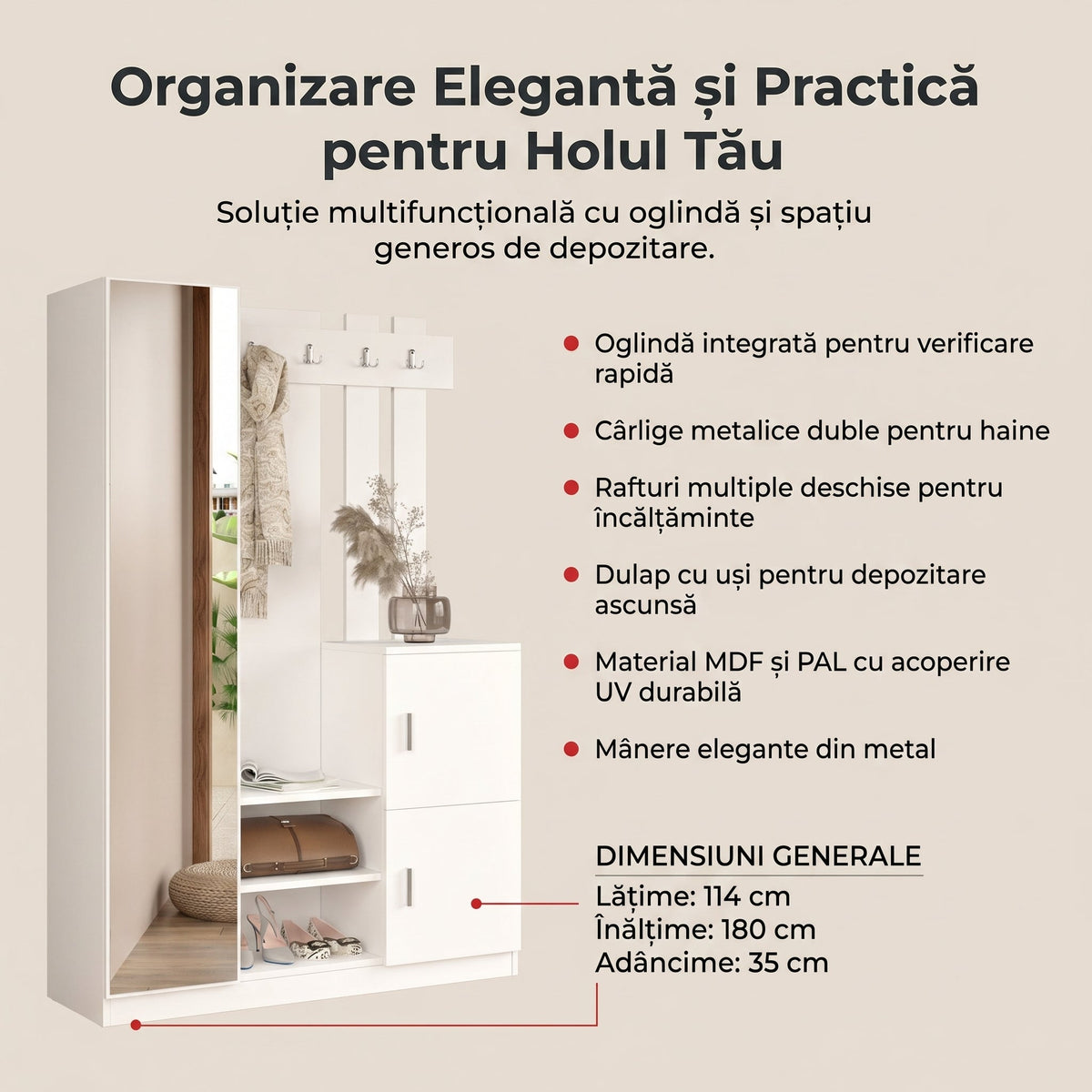 Cuier cu pantofar Fistik cu oglinda si 2 compartimente, Alb, 114 x 180 x 35 cm