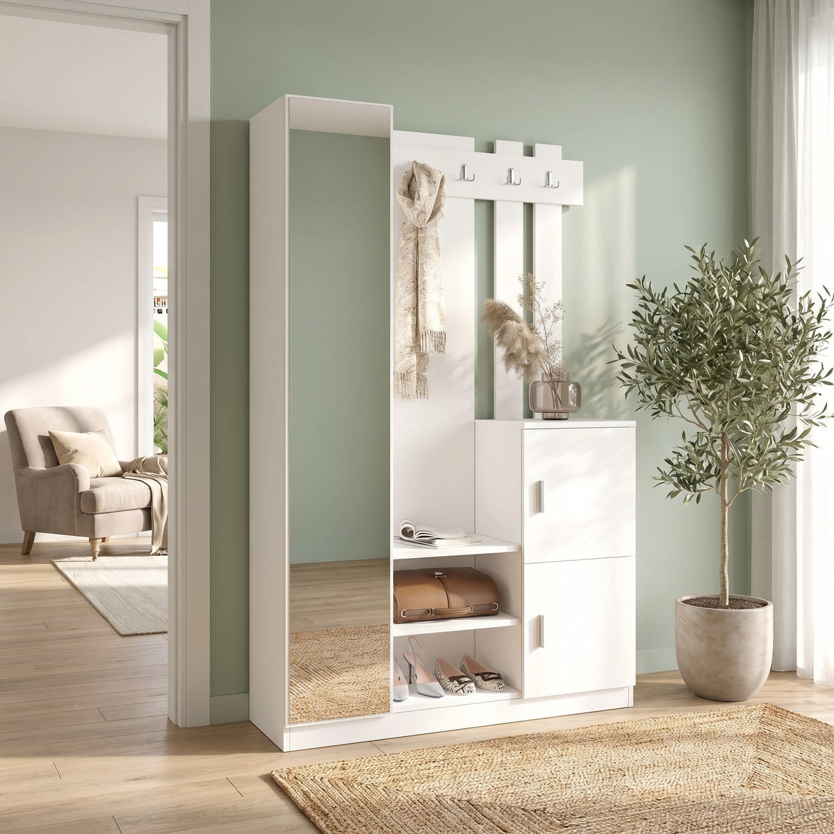 Cuier cu pantofar Fistik cu oglinda si 2 compartimente, Alb, 114 x 180 x 35 cm