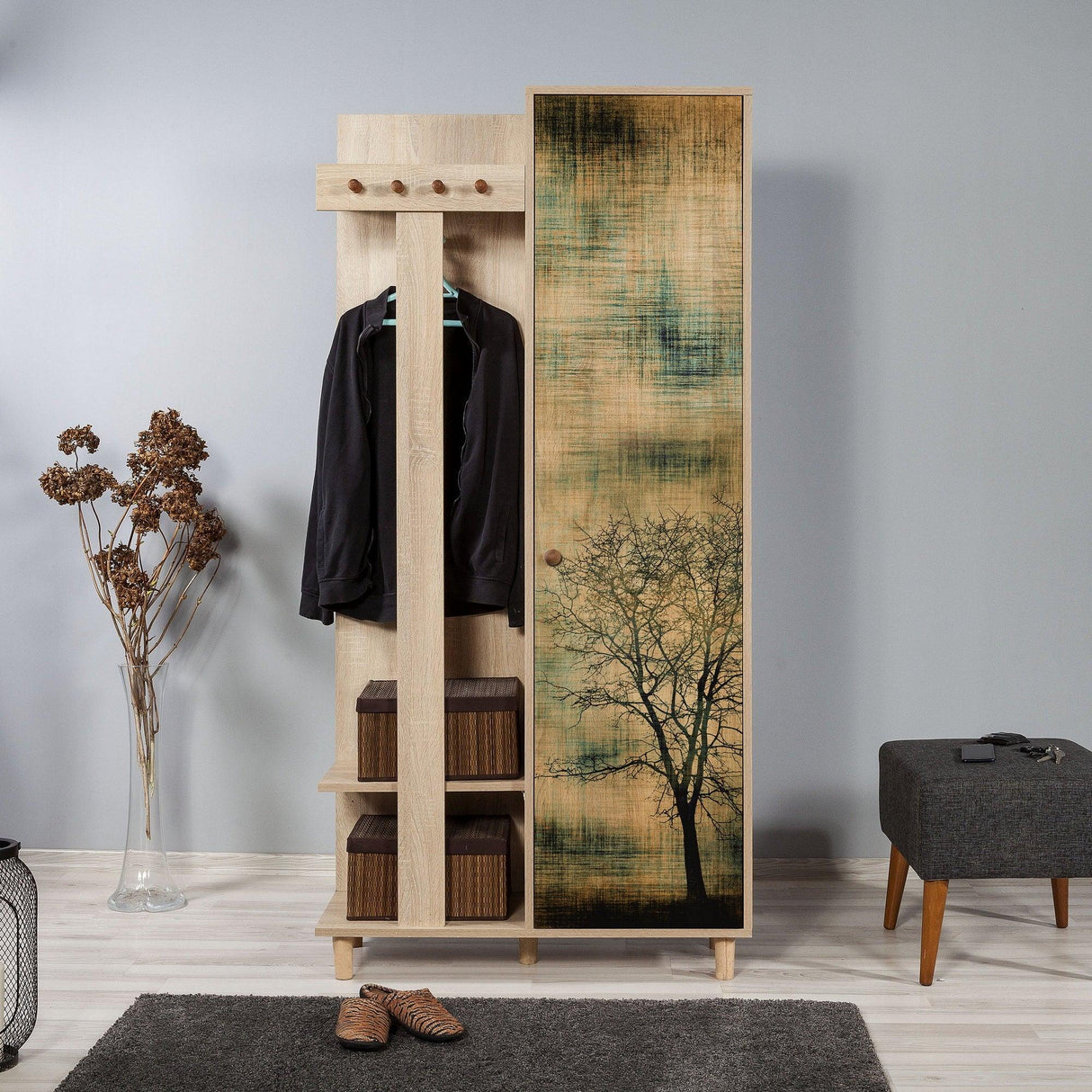 Cuier cu pantofar Garmanto 90 - 200 Hall Stand 7, Stejar Sonoma, 90x36x192 cm