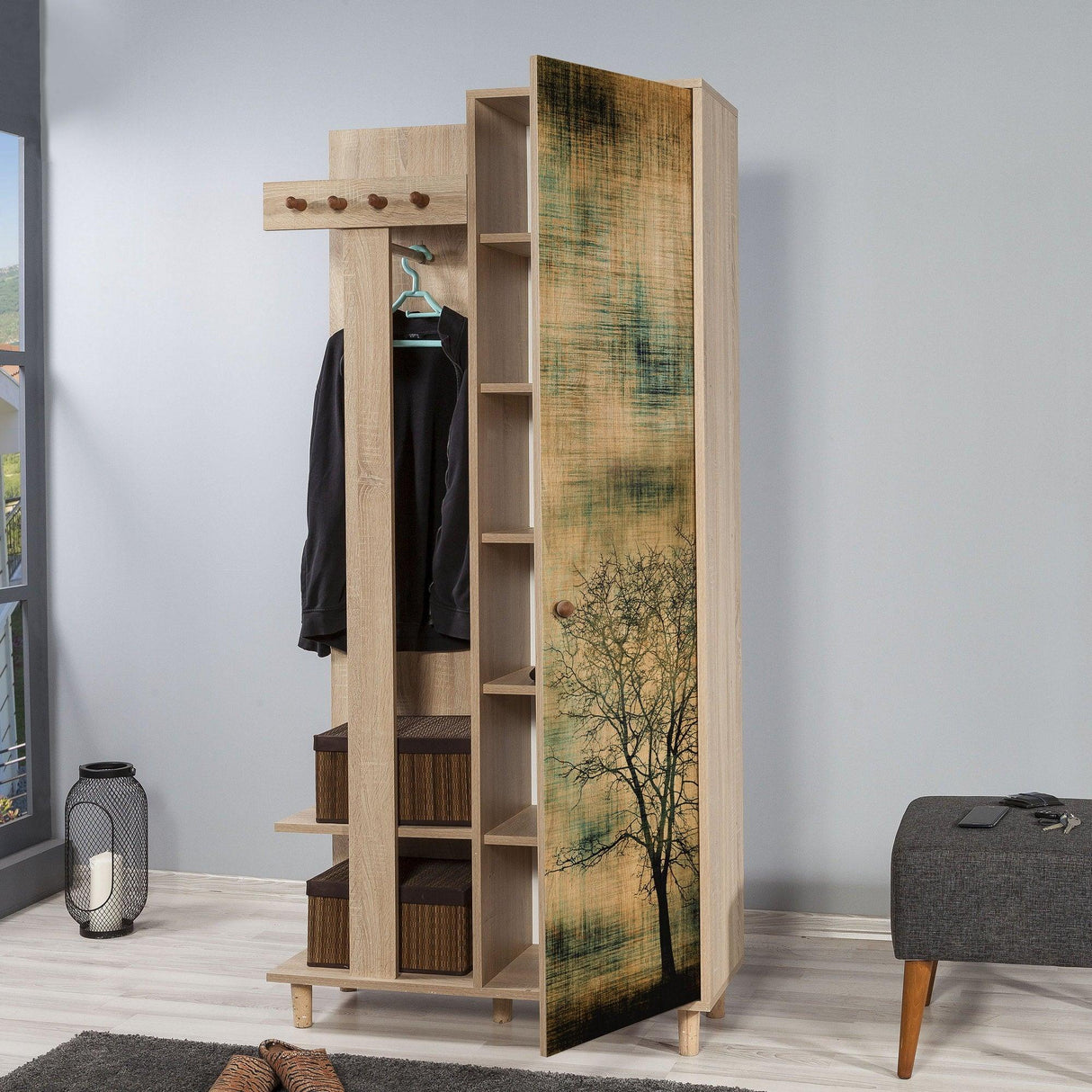 Cuier cu pantofar Garmanto 90 - 200 Hall Stand 7, Stejar Sonoma, 90x36x192 cm