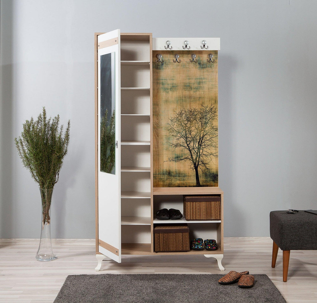 Cuier cu pantofar İNCİ-723 Hall Stand 2, Stejar Sonoma, 190x36x100 cm