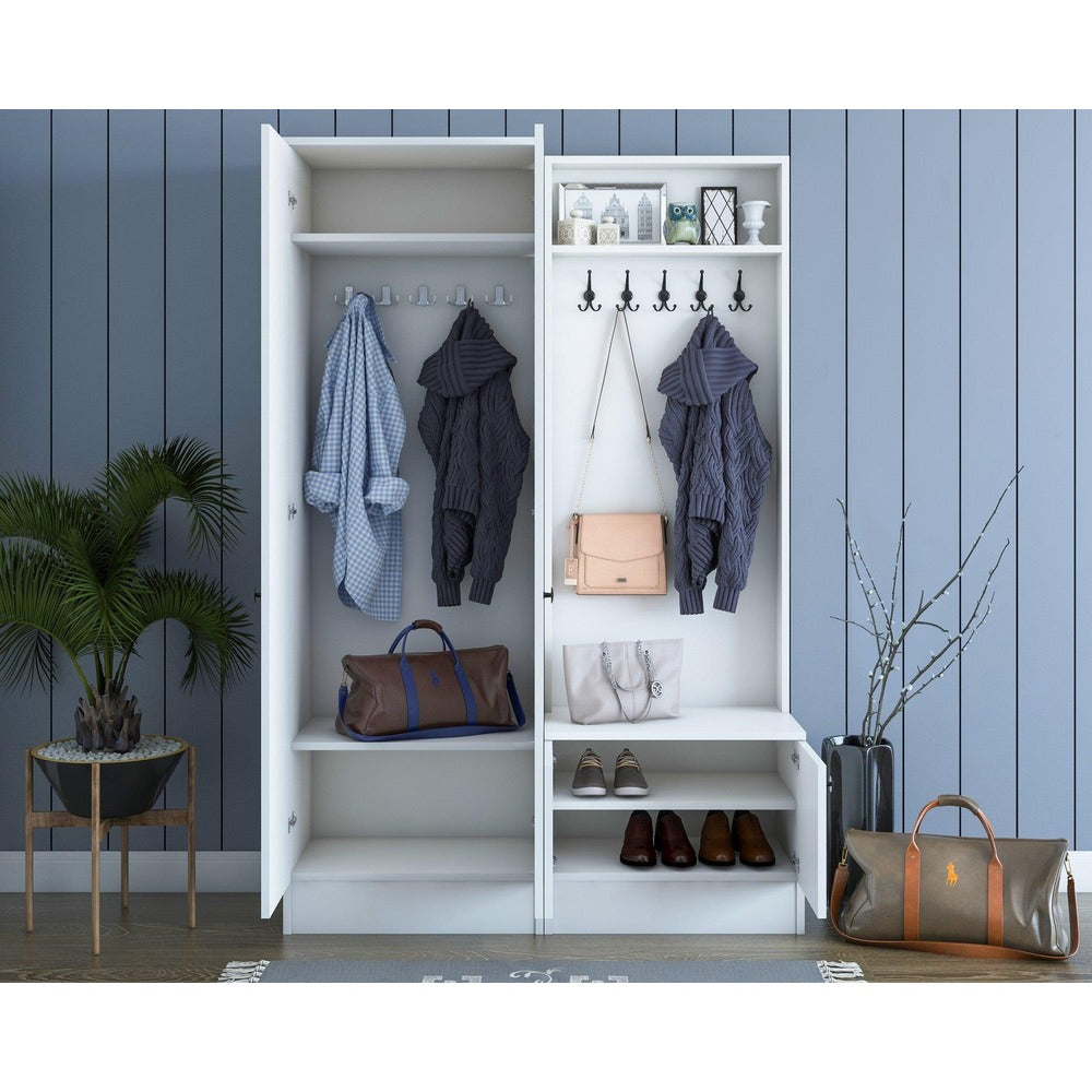 Cuier cu pantofar Marbello cu 2 usi, Alb, 120 x 183 x 37 cm