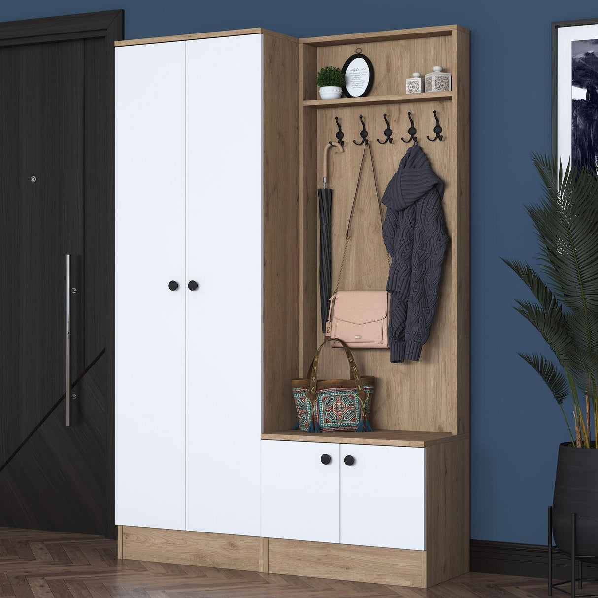 Cuier cu pantofar Belhanda cu 4 usi, Alb, 120x183x37 cm