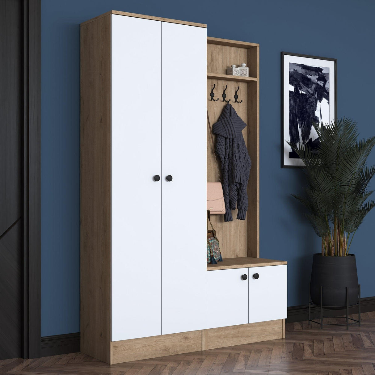 Cuier cu pantofar Belhanda cu 4 usi, Alb, 120x183x37 cm