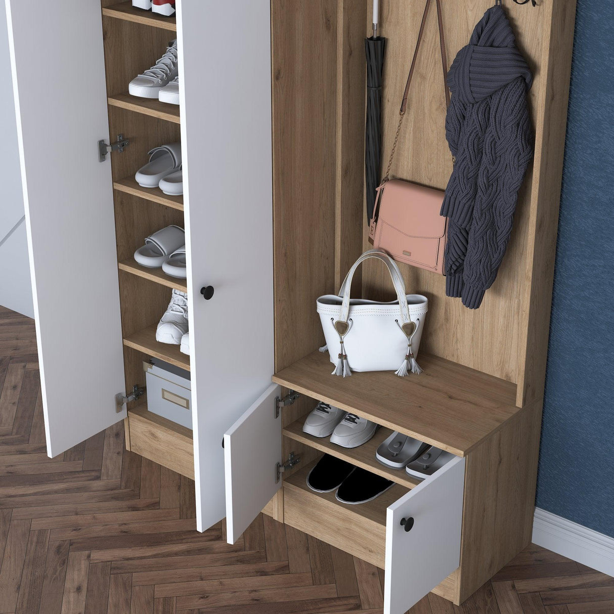 Cuier cu pantofar Belhanda cu 4 usi, Alb, 120x183x37 cm