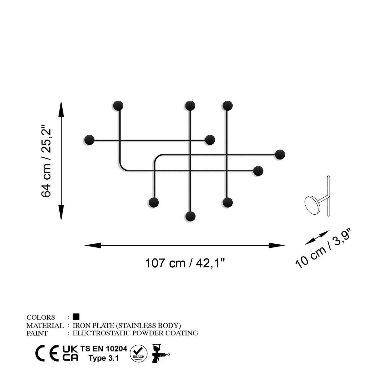 Cuier de perete metalic, 10x64x107 cm - Negru