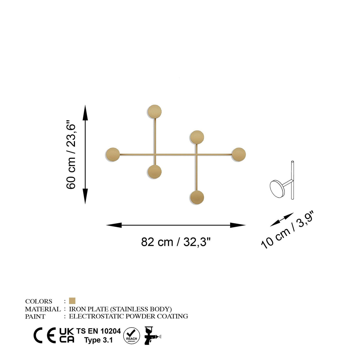 Cuier de perete metalic, 10x60x82 cm - Auriu