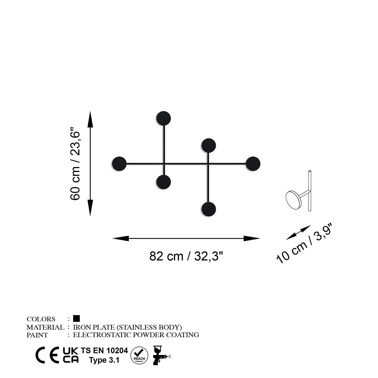 Cuier de perete metalic, 10x60x82 cm - Negru