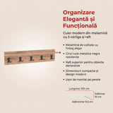 Cuier de Perete cu Raft și 5 Agățători, Aspect, Stejar Natural, 80x18x10 cm - Natural