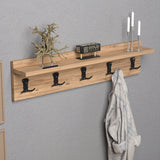 Cuier de Perete cu Raft și 5 Agățători, Aspect, Stejar Natural, 80x18x10 cm - Natural