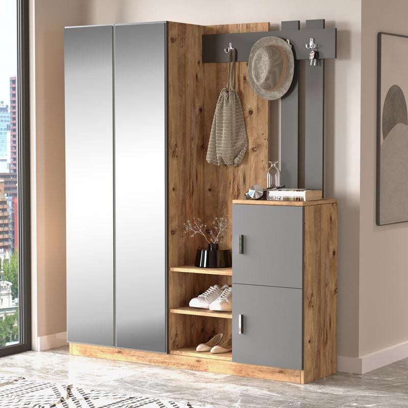 Cuier Doorse cu oglinda, Alb - Gri inchis, 148x35x180 cm - Cuier Doorse cu oglinda, Alb - Gri inchis, 148x35x180 cm