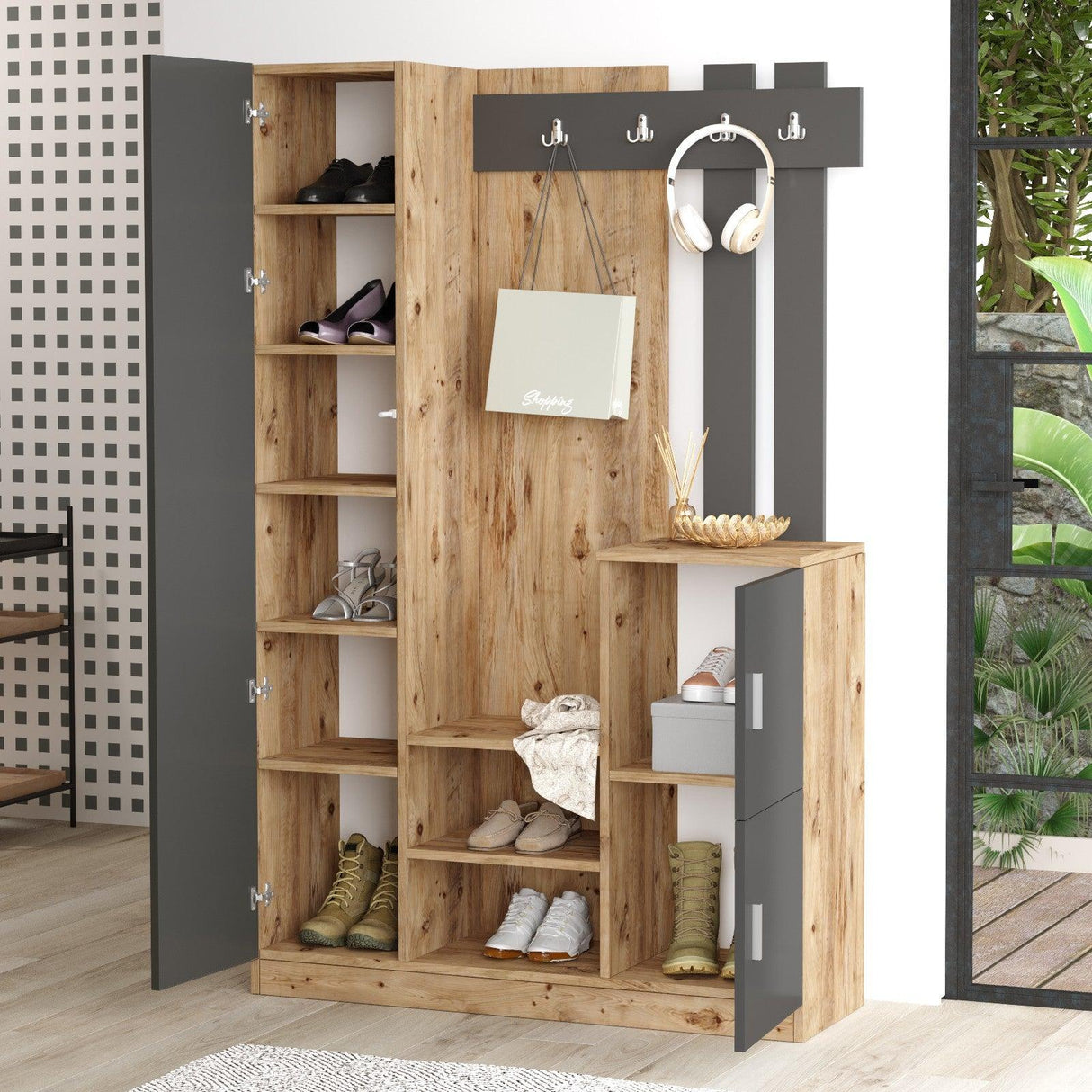Cuier cu pantofar Pura, Stejar, 114x180x38 cm