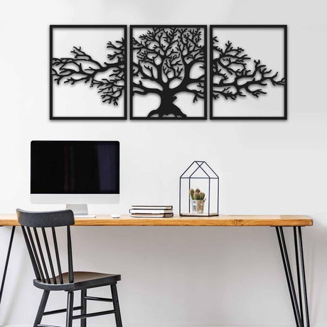 Decoratiune de perete Copacul Vietii, Metal, 3 Piese, Negru, 124x49x0.15 cm
