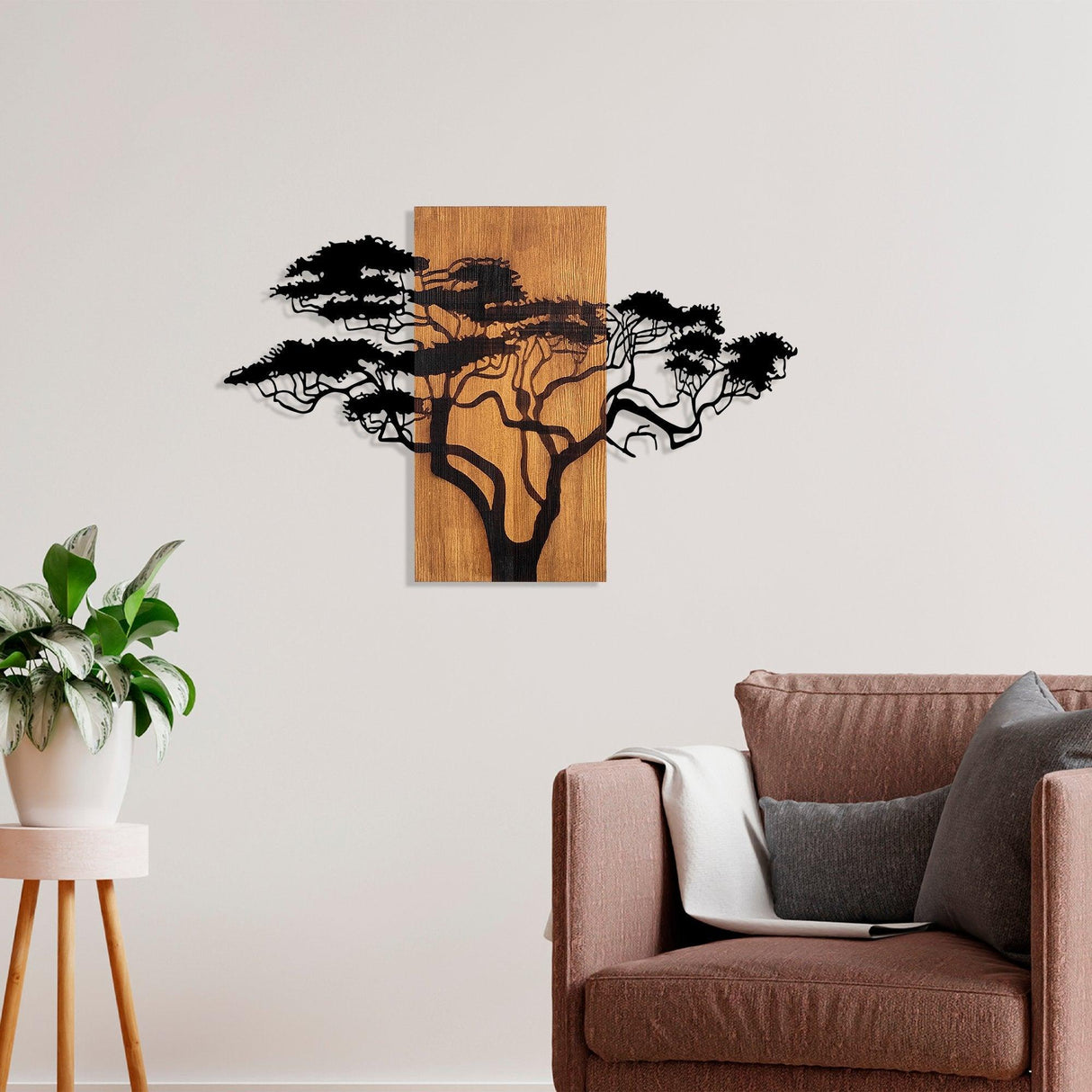 Decoratiune de perete lemn Acacia Tree - 387, Nuc, 58x90 cm