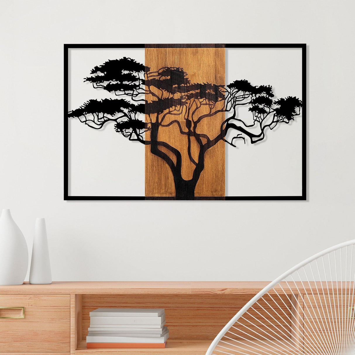 Decoratiune de perete lemn Acacia Tree - 388, Nuc, 58x90 cm