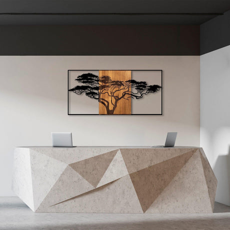 Decoratiune de Perete Lemn Acacia Tree, Negru, 70x147 cm