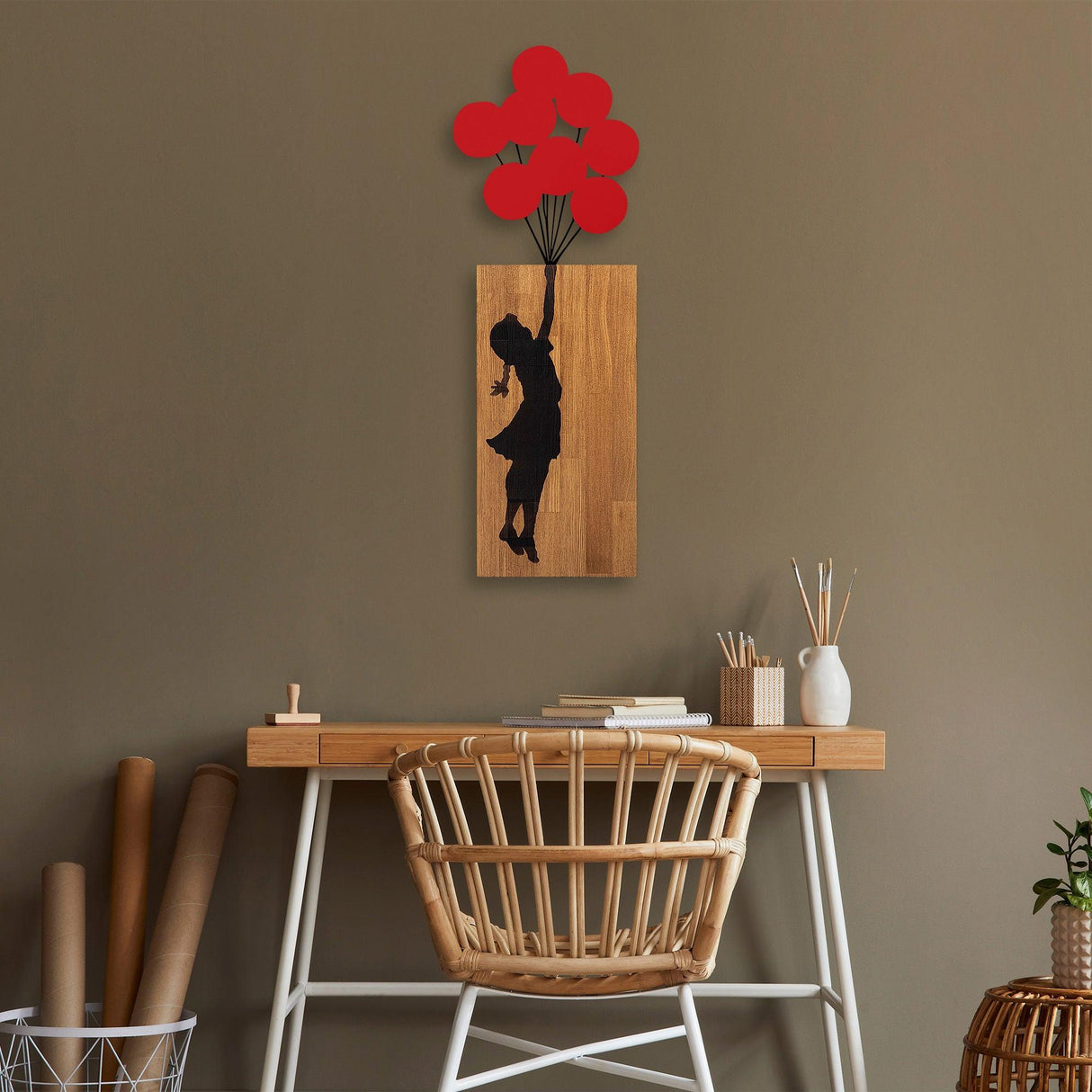 Decoratiune de perete lemn Banksy - 17, Nuc, 62x70 cm