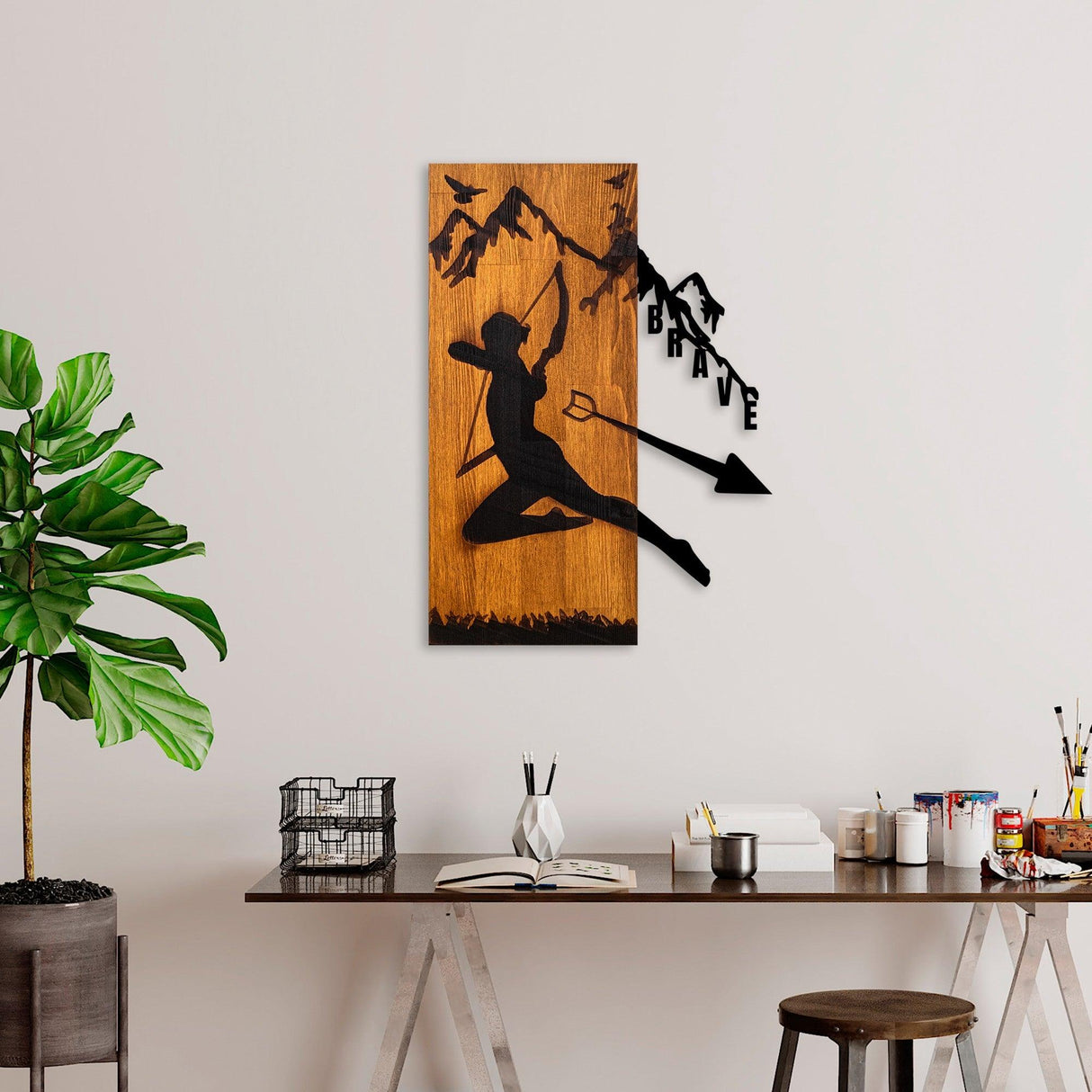 Decoratiune de perete lemn Brave, Nuc, 42x58 cm