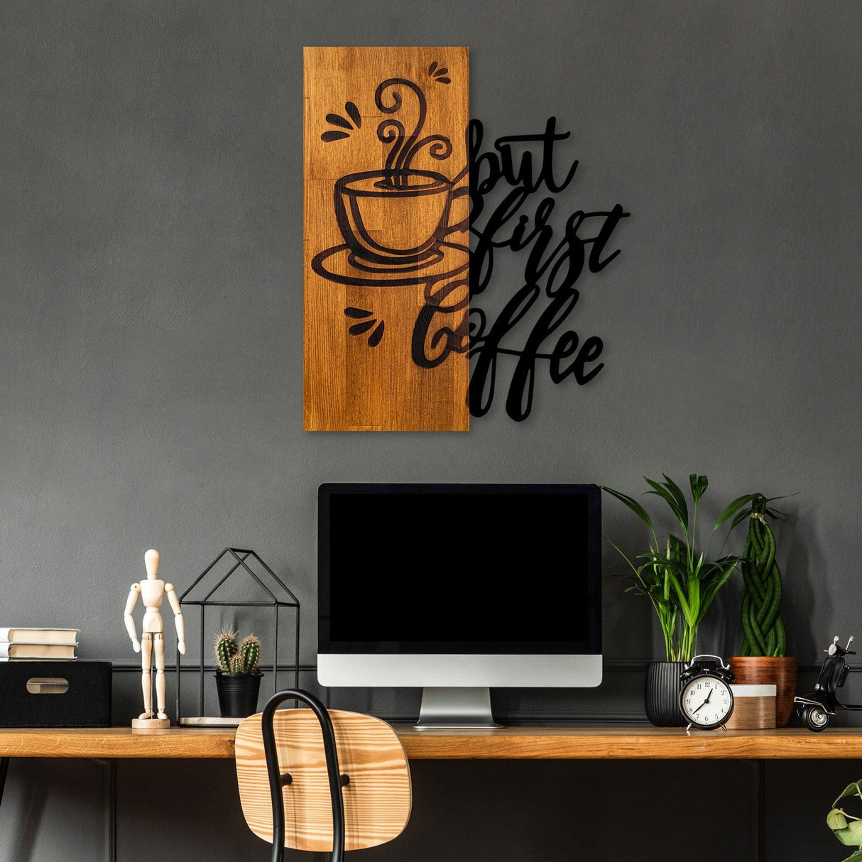 Decoratiune de perete lemn Coffee First, Nuc, 50x58 cm