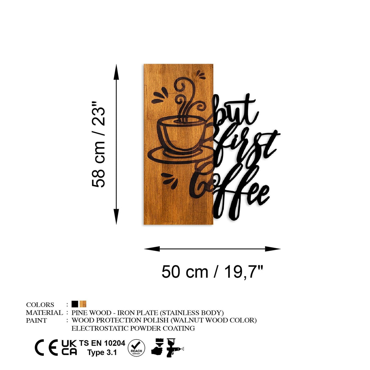 Decoratiune de perete lemn Coffee First, Nuc, 50x58 cm