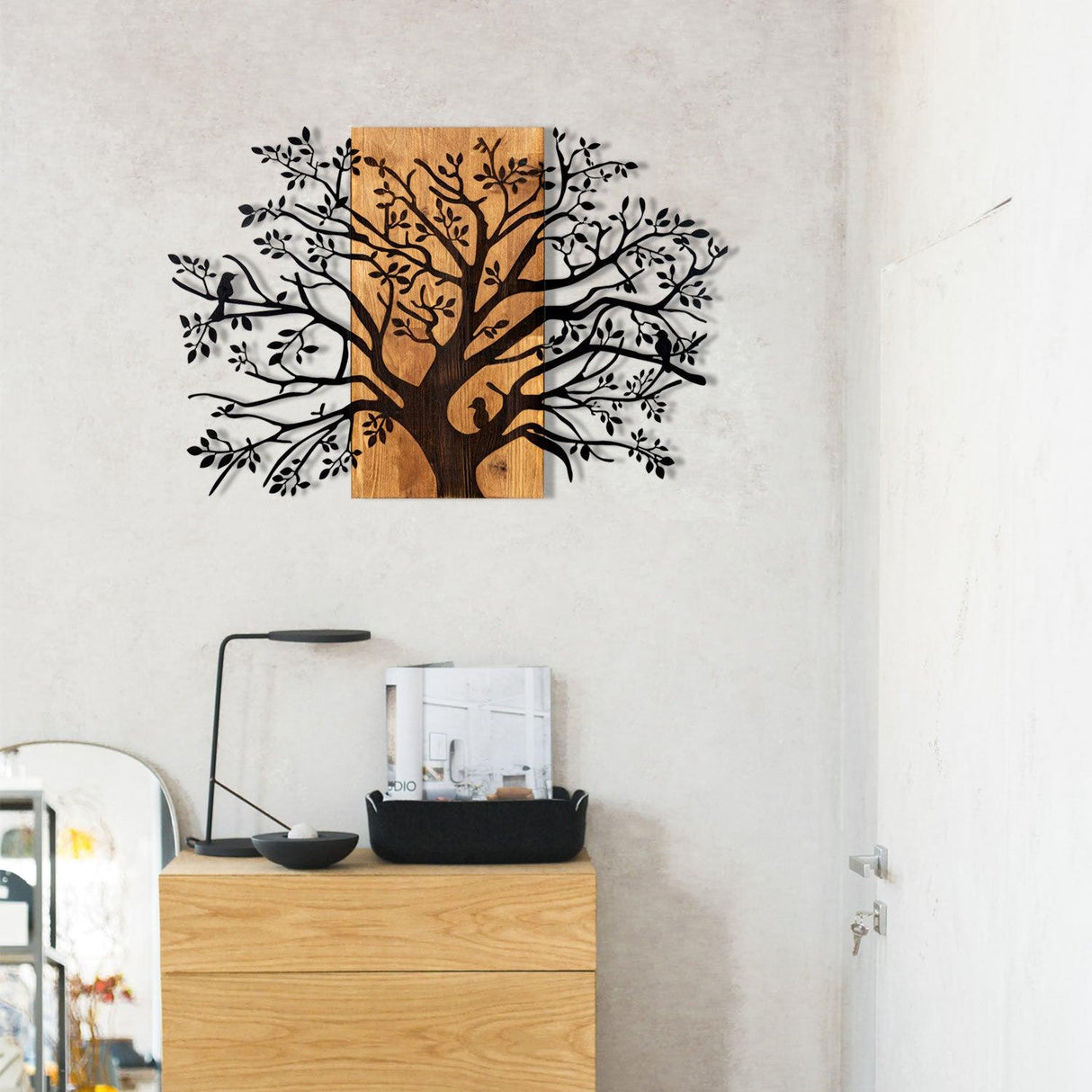 Decoratiune de perete lemn Copac Kavak, Negru, 85x58 cm