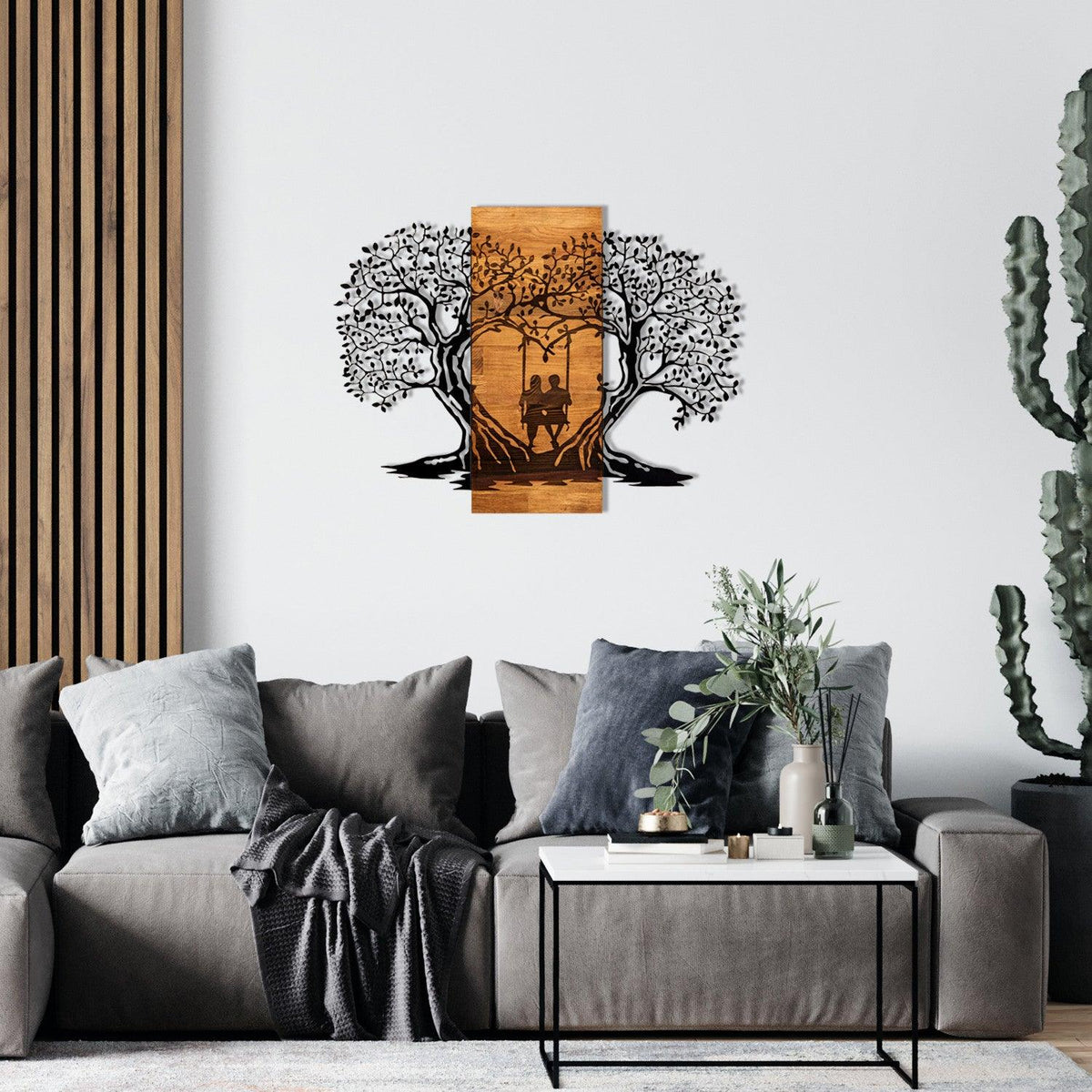 Decoratiune de perete lemn inima copacului, Negru, 76 x 58 x 3 cm