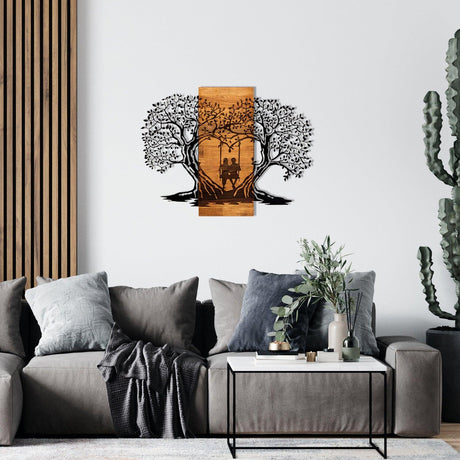 Decoratiune de perete lemn inima copacului, Negru, 76x58 cm