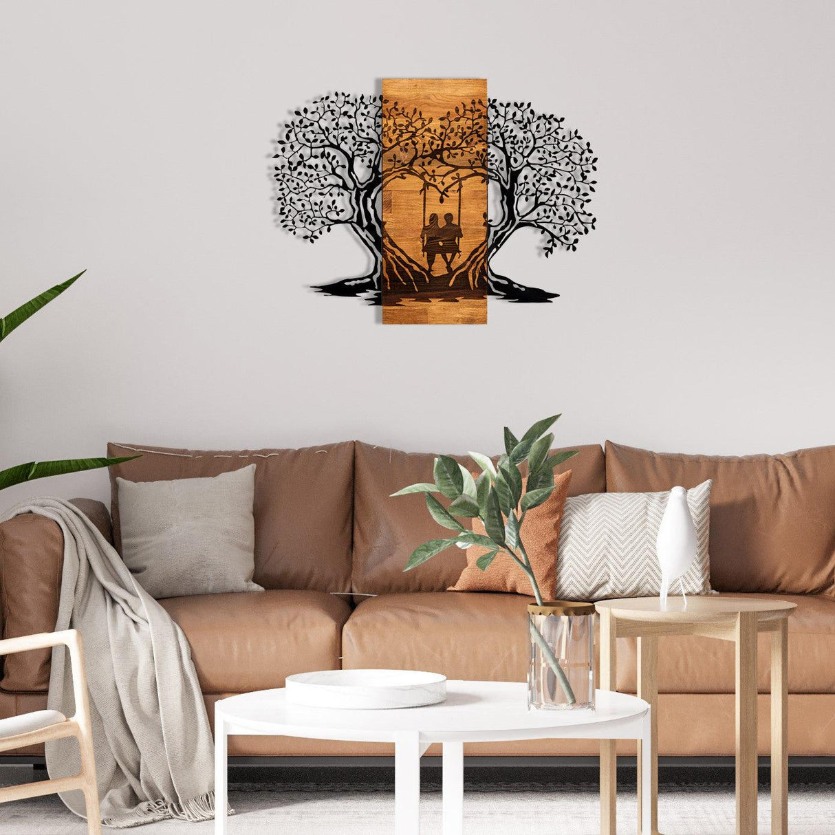Decoratiune de perete lemn inima copacului, Negru, 76x58 cm
