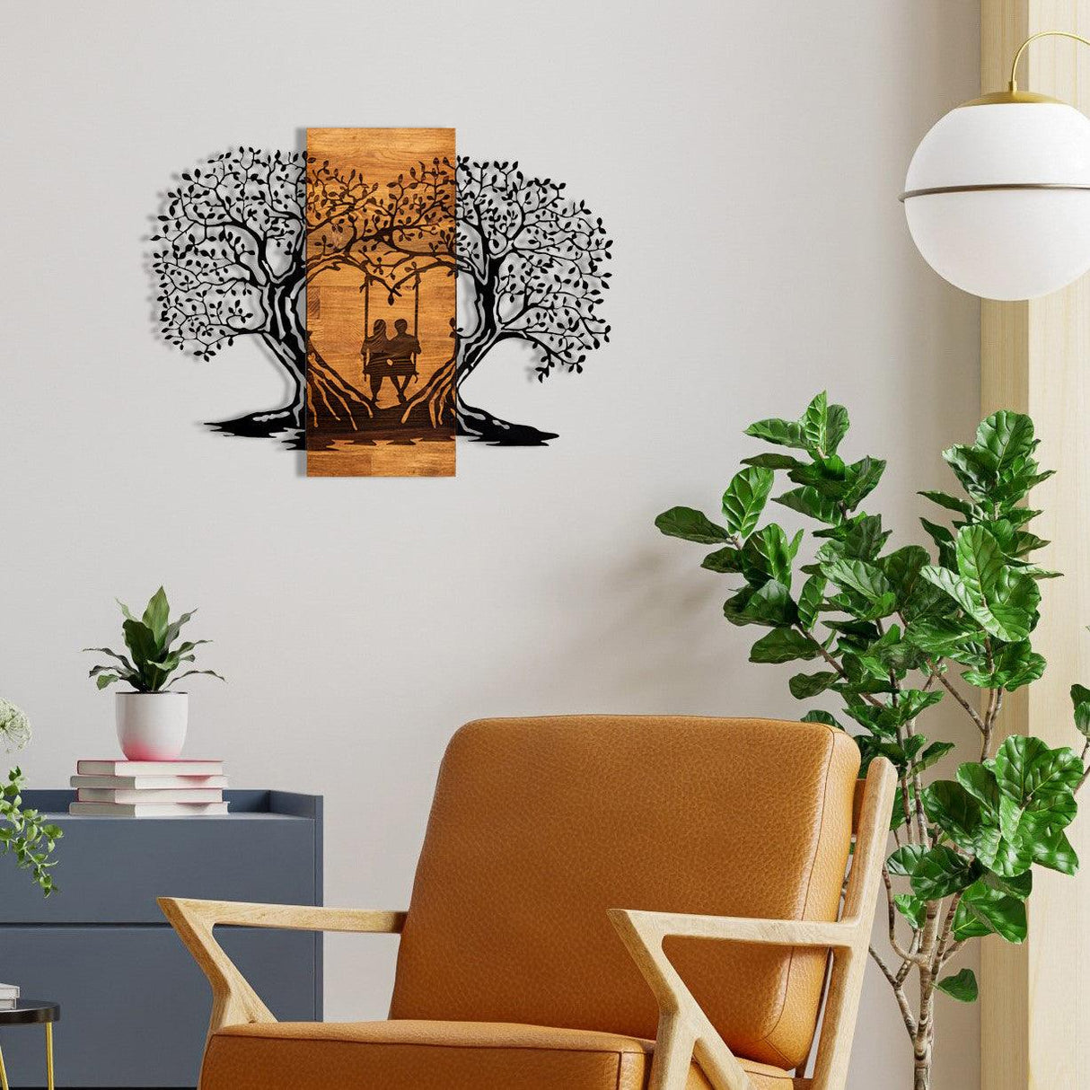 Decoratiune de perete lemn inima copacului, Negru, 76x58 cm