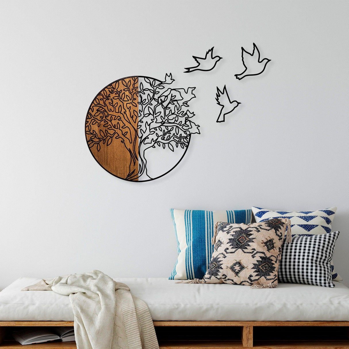 Decoratiune de perete lemn Tree And Birds 2, Nuc, 56x60 cm