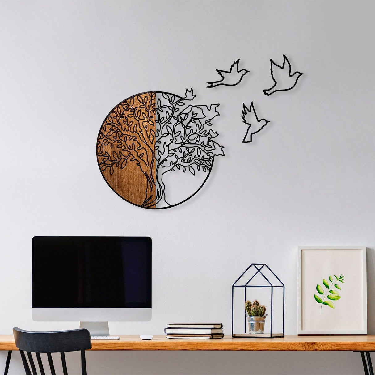 Decoratiune de perete lemn Tree And Birds 2, Nuc, 56x60 cm