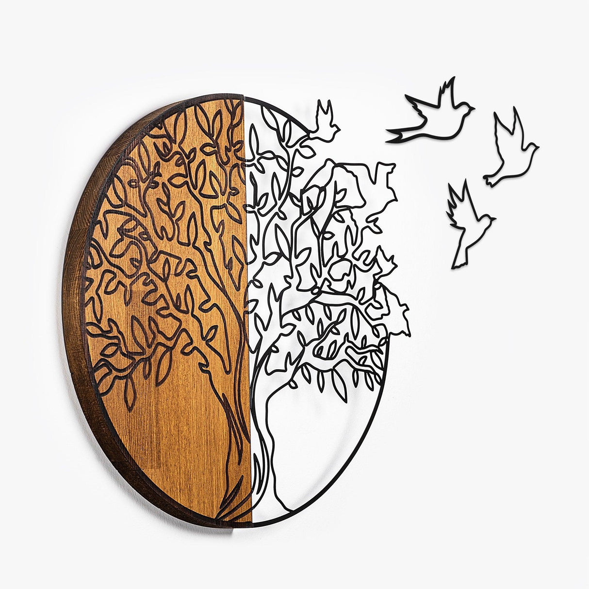 Decoratiune de perete lemn Tree And Birds 2, Nuc, 56x60 cm