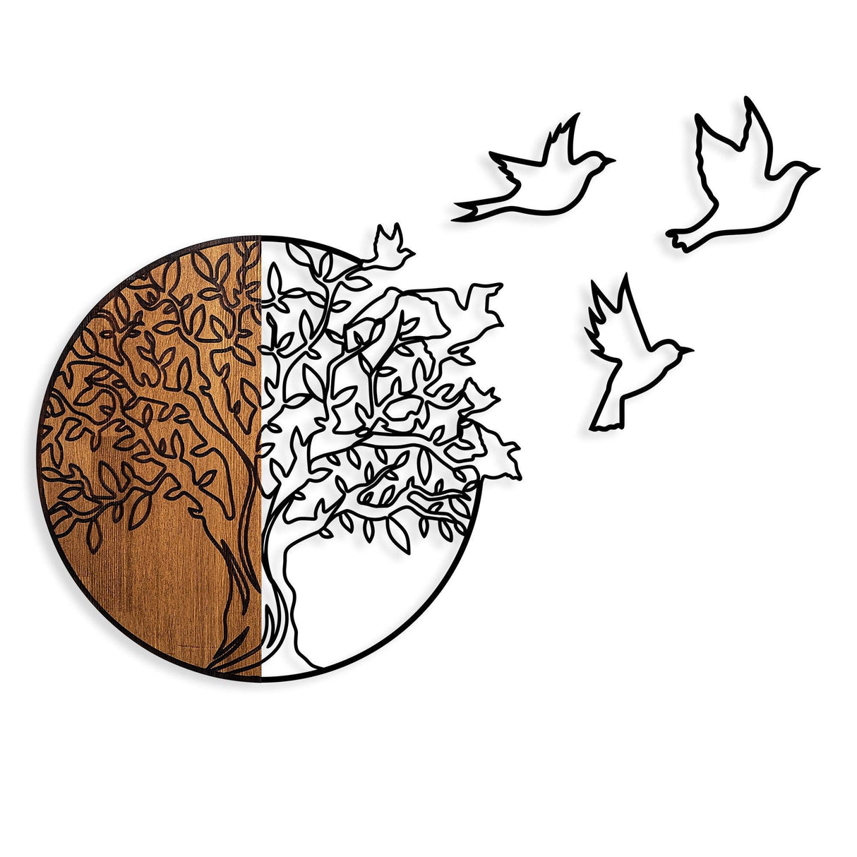 Decoratiune de perete lemn Tree And Birds 2, Nuc, 56x60 cm